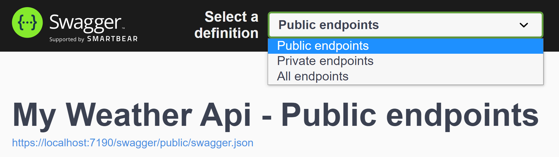A SwaggerUI generated by Swashbuckle with 3 definitions, one for the private API, one for the public API and one with all routes