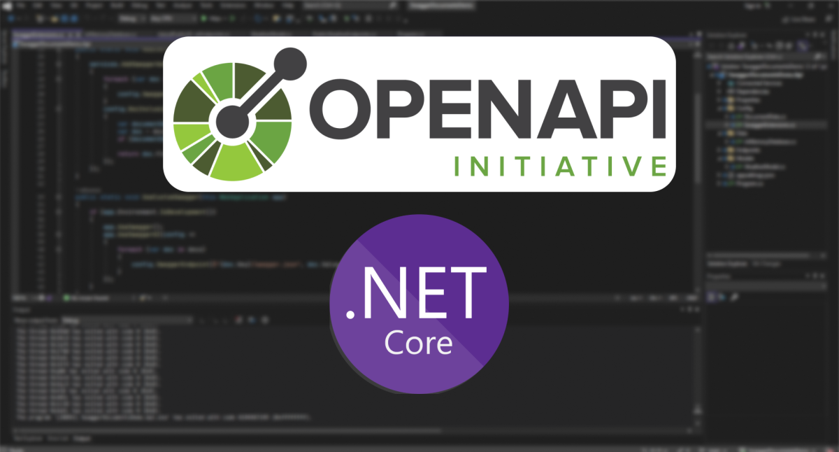 Blurred visual studio code window with a dotnet project open and the OpenAPI logo and dotnet logo in the foreground
